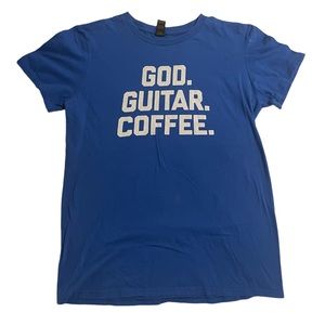 God. Guitar. Coffee. Small Blue T-Shirt